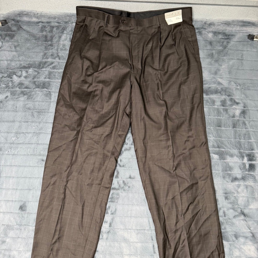Linea Uomo Mens 43x32 Brown Windowpane 100% Wool Pleated Dress Pants 48L